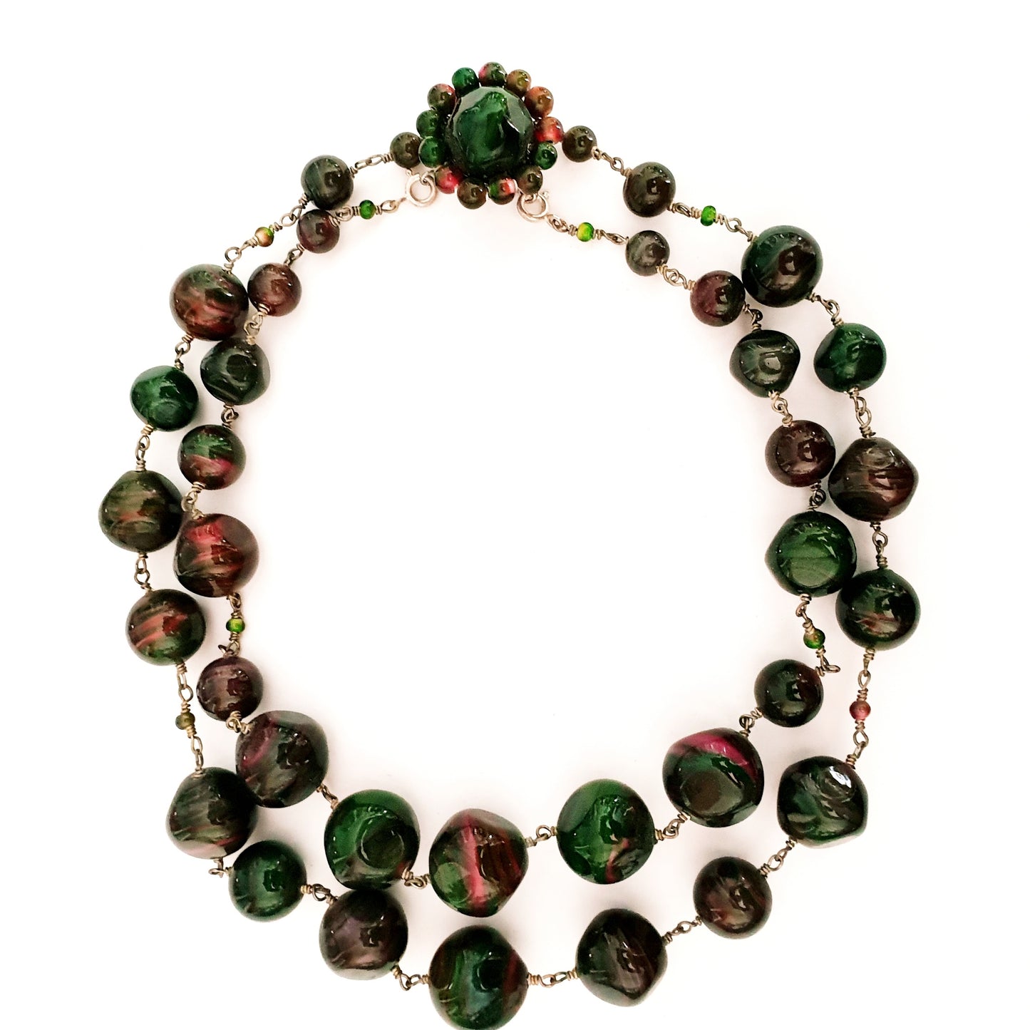 Chunky 2 Row Handmade Glass Bead Multi 2 Row Choker Jackie O Style