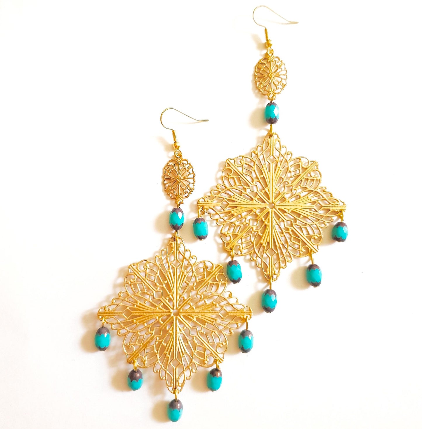 DIY Earring Boho Diamond Filigree Chandelier Turquoise Bonus Step by Step Video Tutorial