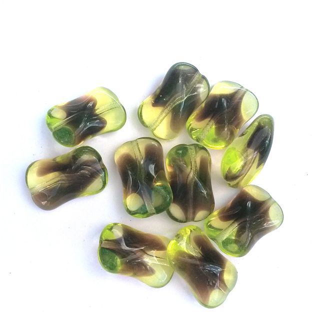 Twisted Rectangle Mixed 15x10mm Green and Brown Mix Czech Glass Bead