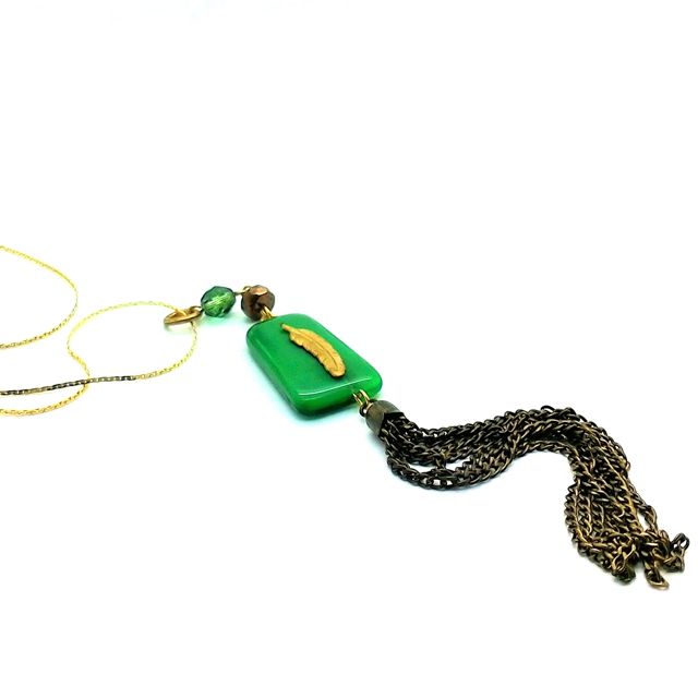 Boheme Pendant Feather Embellished Chain Tassel Malachite