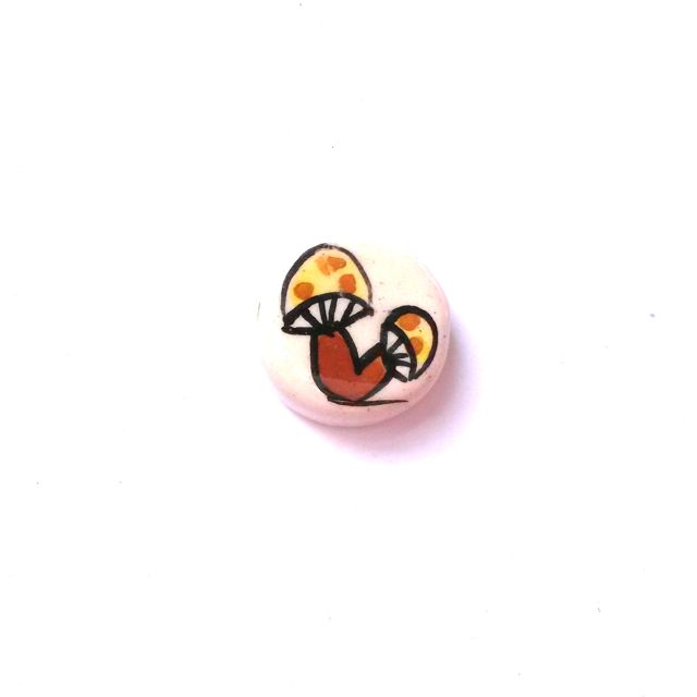 Ceramic Bead Decal Coin 18mm Mushroom 1970s Large Hole