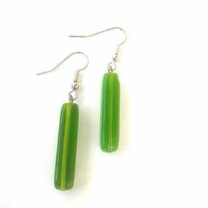 Czech Glass Tube Drop Earrings Green Opalino