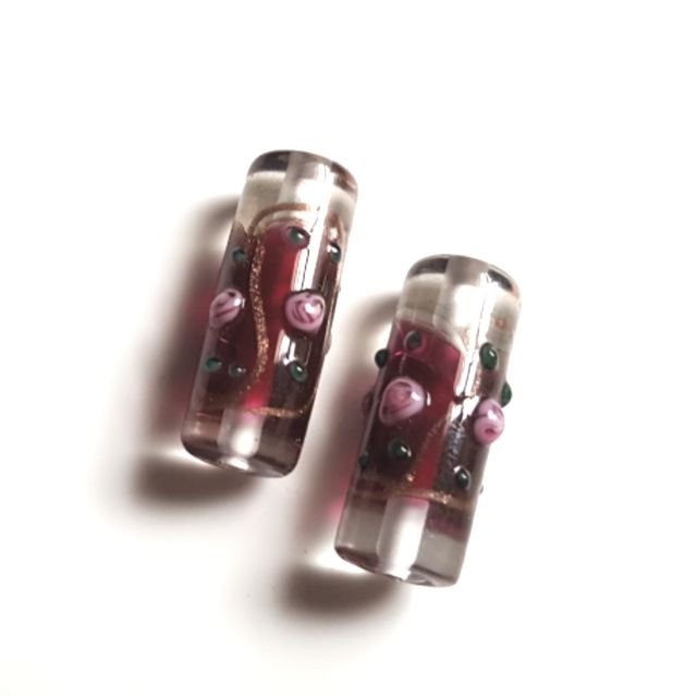 Handmade Venetian Glass Bead Tube Two Tone Roses 22x8mm Clear and Burgundy