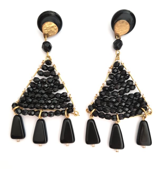 Boheme Beaded Stud Drop Woven Triangle Fringe Earrings
