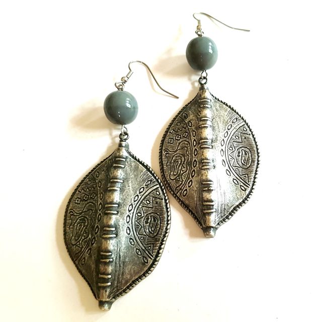 Boheme Antique Silver Shield Grey Earrings
