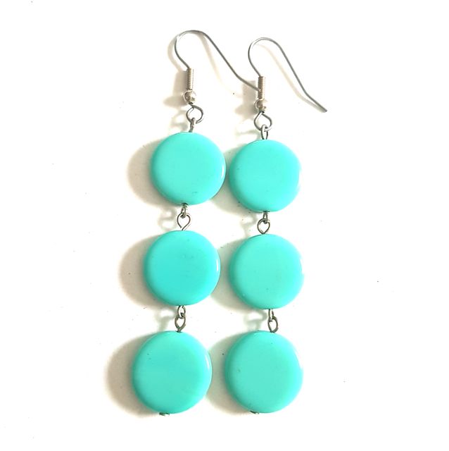 Czech Glass Earrings Triple Linear Coin Aqua