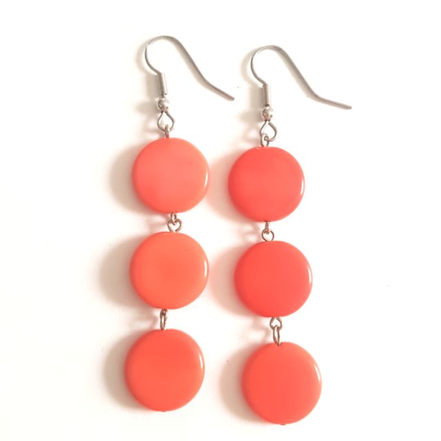 Czech Glass Earrings Triple Linear Coin Coral