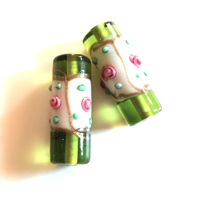 Handmade Venetian Glass Bead Tube Two Tone Roses 22x8mm Olive Ivory