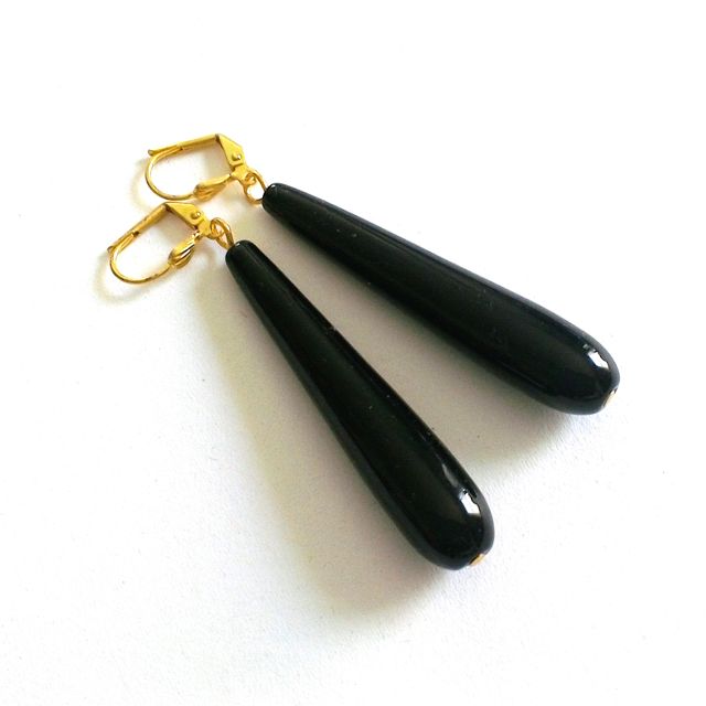Handmade Glass Tear Drop Earrings Jet Black