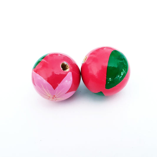 Wooden Painted Bead Floral Design 20mm Hot Pink
