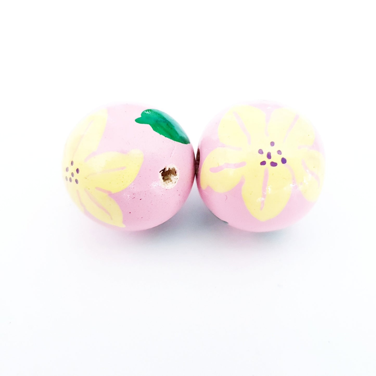 Wooden Painted Bead Floral Design 20mm Pink Lemon