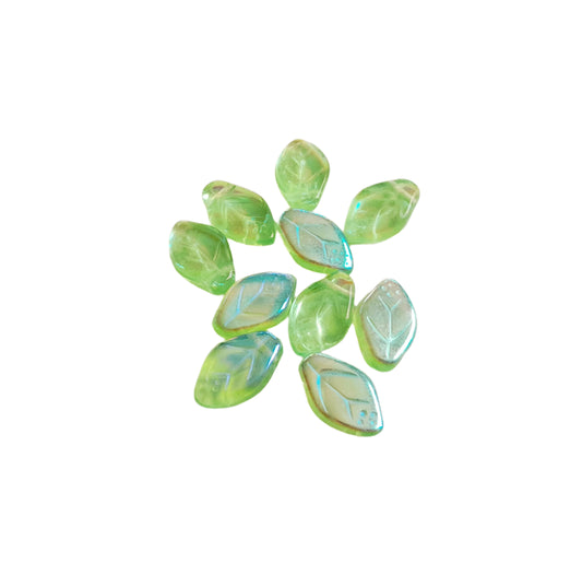 Green Mint Leaf 12x7mm AB Czech Glass Bead