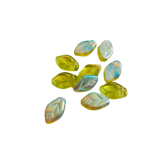Olive Green Leaf 12x7mm AB Czech Glass Bead