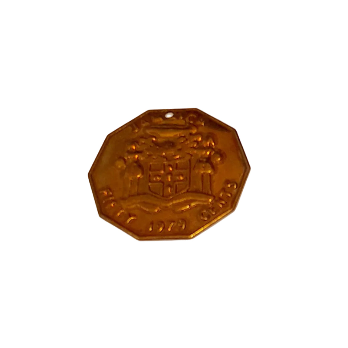 An octagonal bronze-colored metal pendant or medallion featuring an embossed coat of arms and the year '1979'