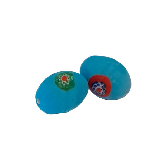 turquoise blue glass chunky oval beads with hand-painted floral and geometric motifs, indian millifiori
