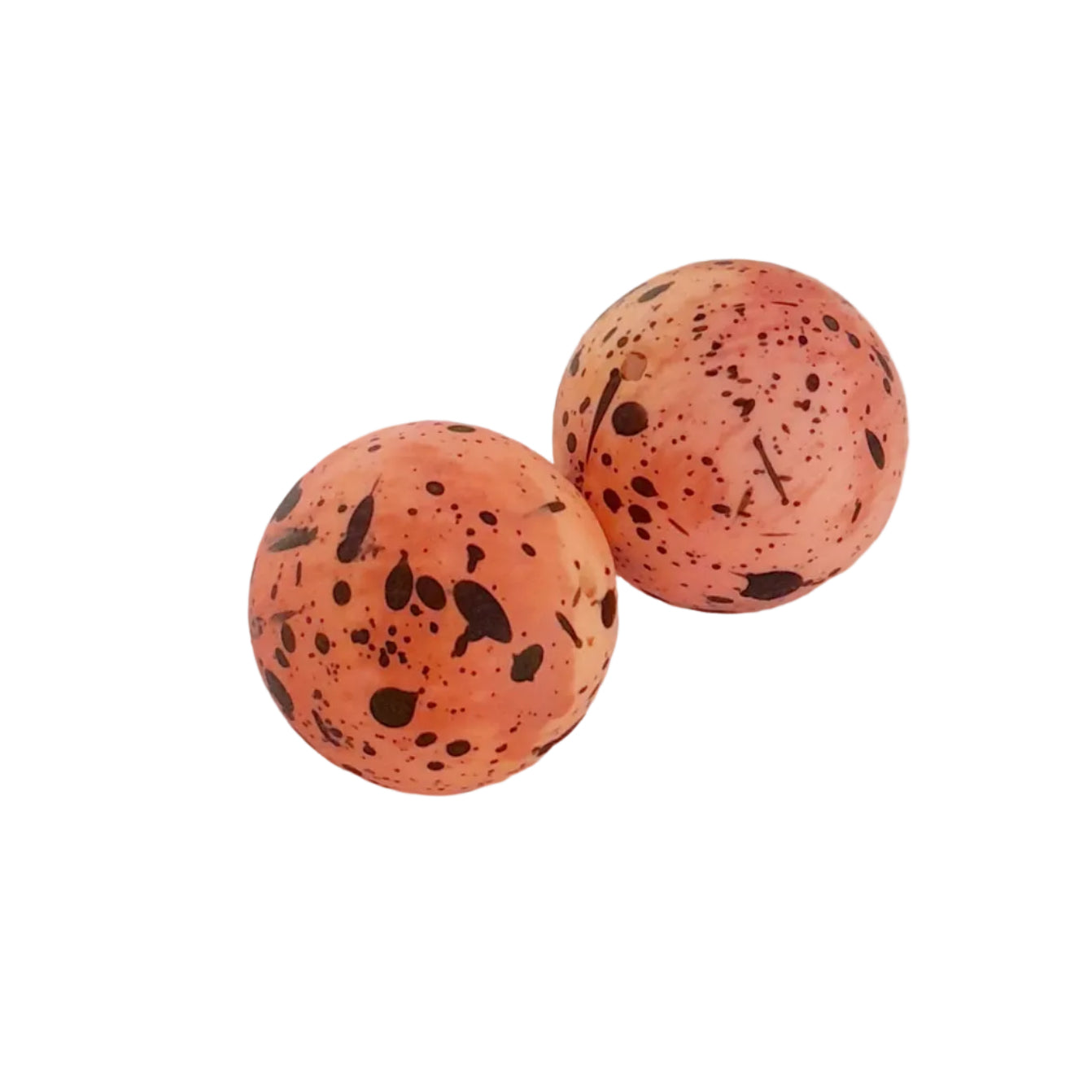 Two large round peach-colored wooden beads with black speckles