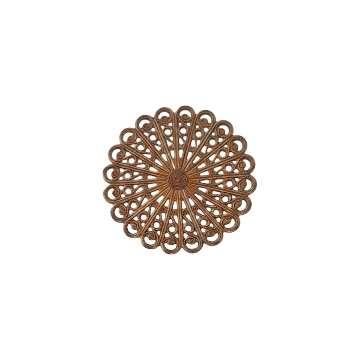A round, ornate metal wall decor piece with a filigree sunburst design in a warm bronze finish, 