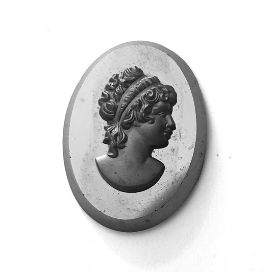 Cameo Glass Oval 38x28mm Portrait of a Woman Black and Hematite