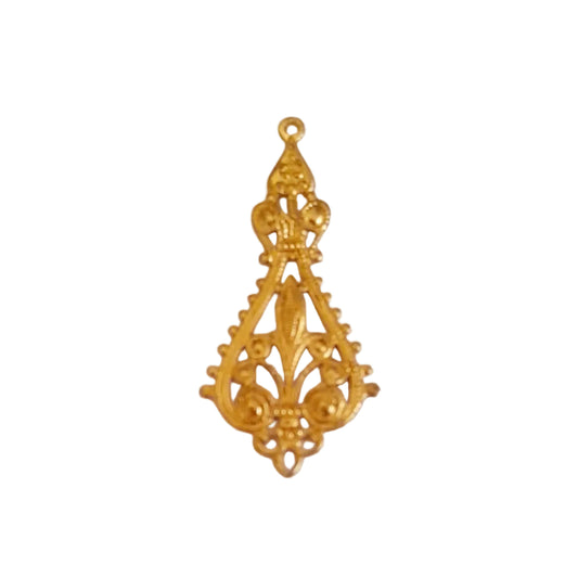 A single ornate gold-toned filigree jewelry charm or pendant with a decorative teardrop shape and small top loop, 