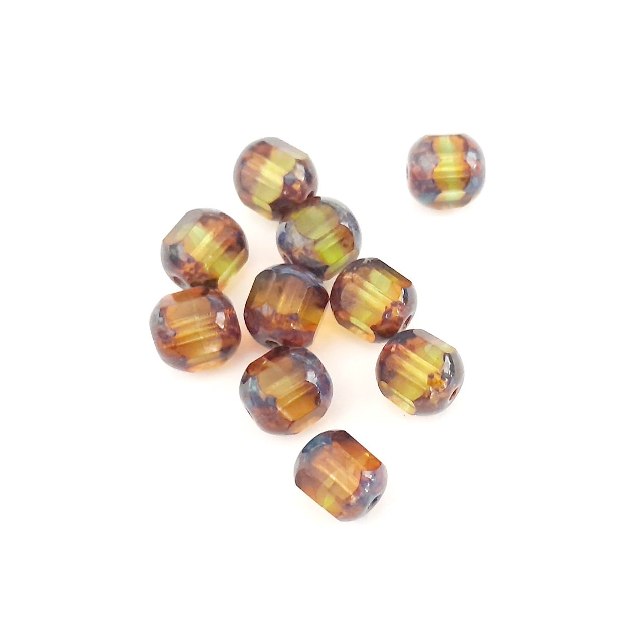 Cathedral Czech Glass Bead Barrel 7mm Transparent Olive Topaz Picasso Crown