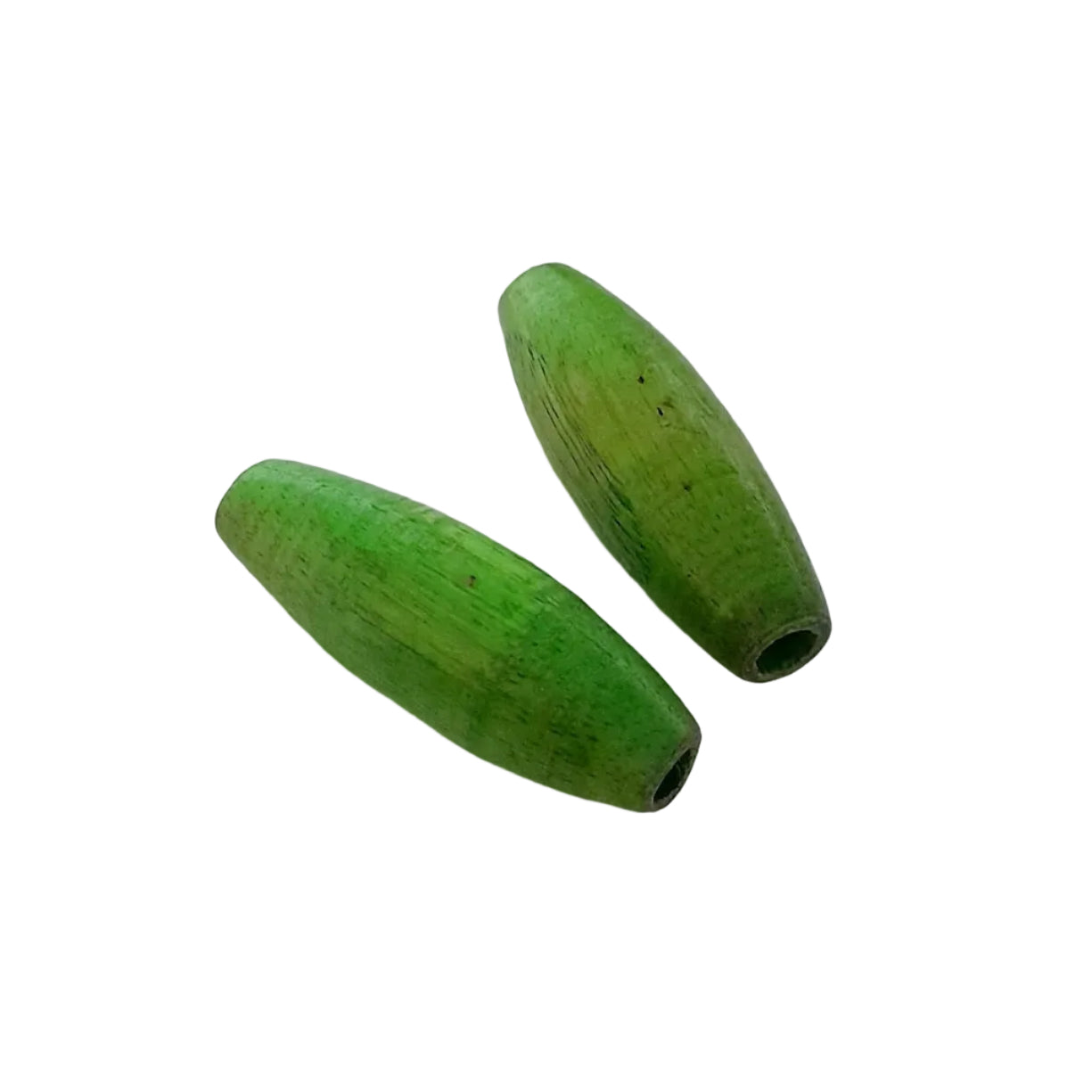 Two green wooden bead  with a natural wood grain finish, 