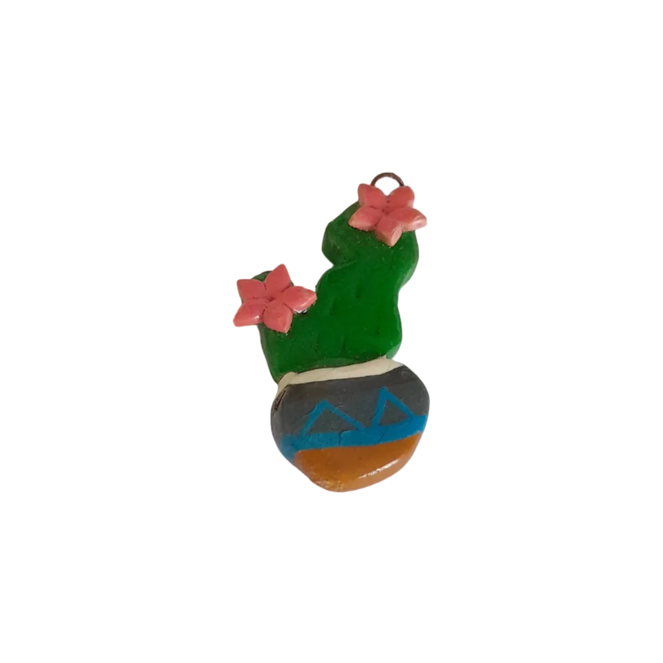 A small hand-painted cactus charm with pink flowers, 