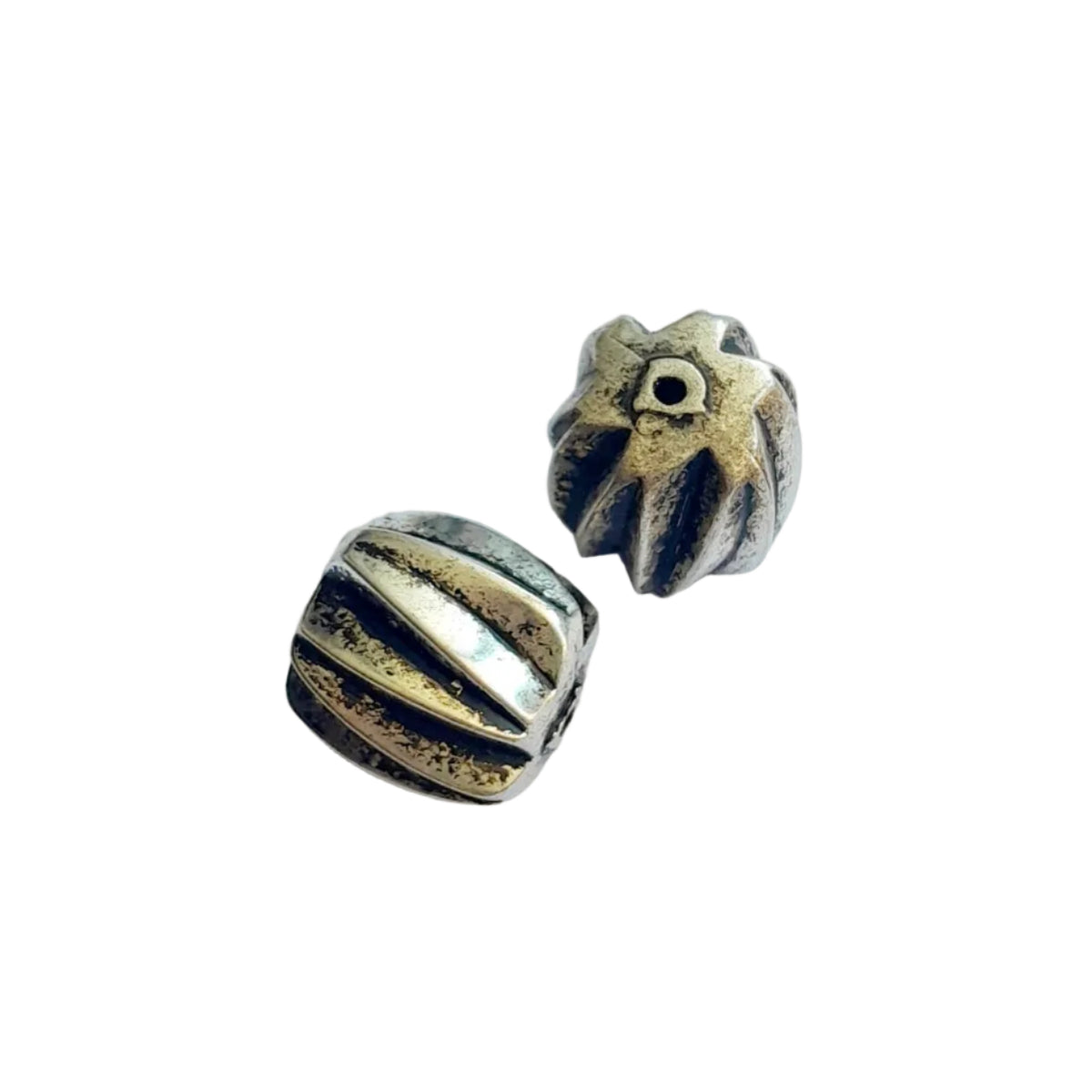metallic silver bead with a distressed silver and gold finish, 