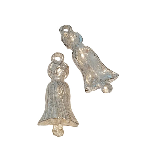 Two textured silver bell-shaped charms with hanging loops, 