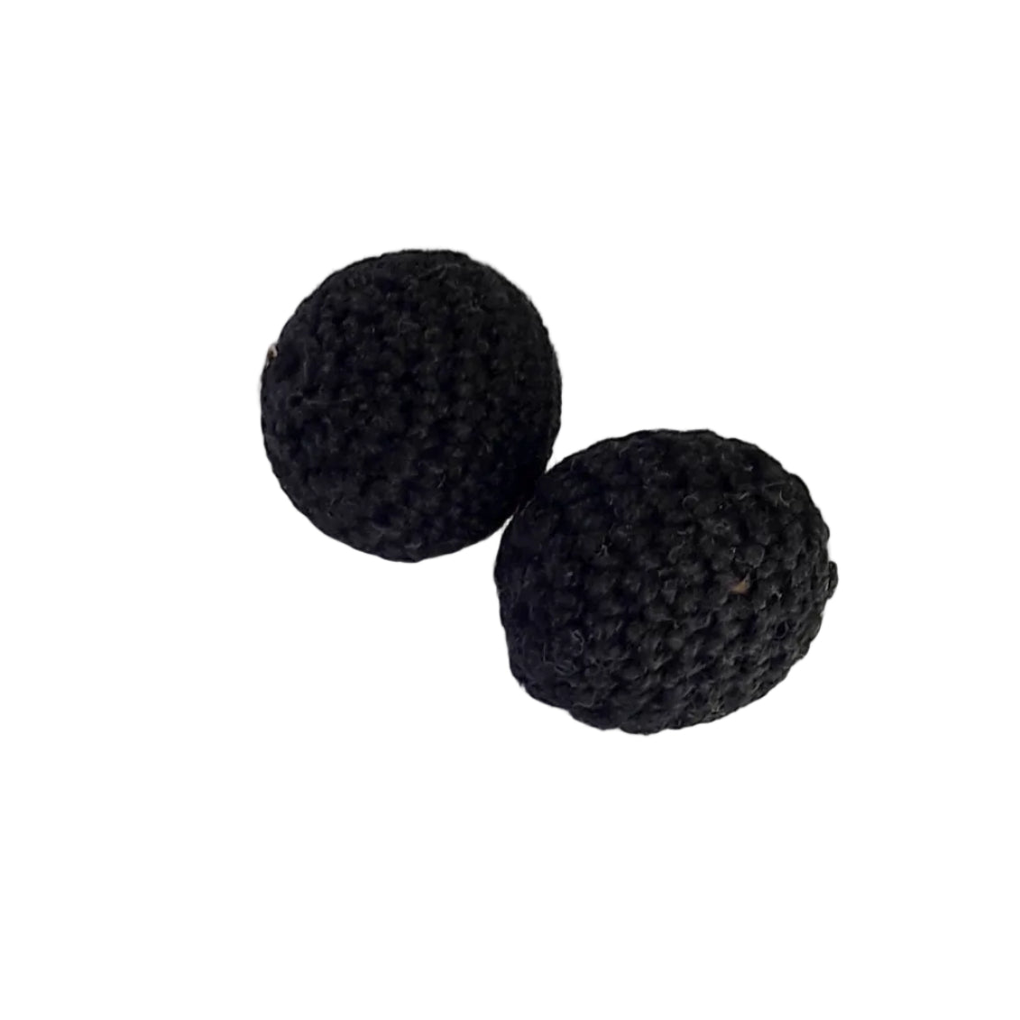 Two 25mm black crocheted or knitted round beads