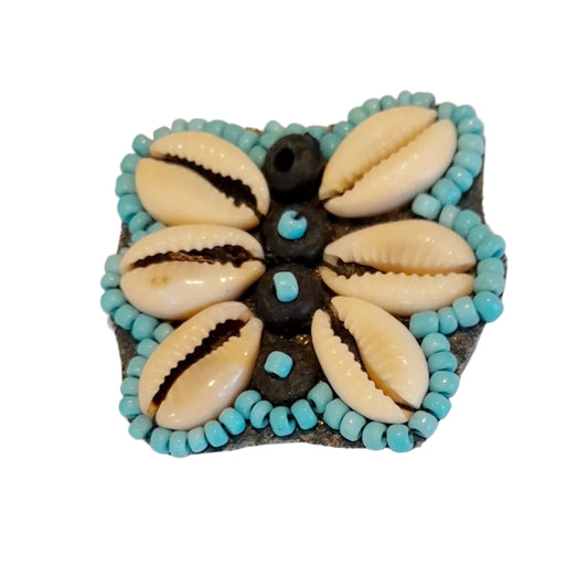Beaded Cowrie Shell Butterfly Pendant Turquoise 35x45mm