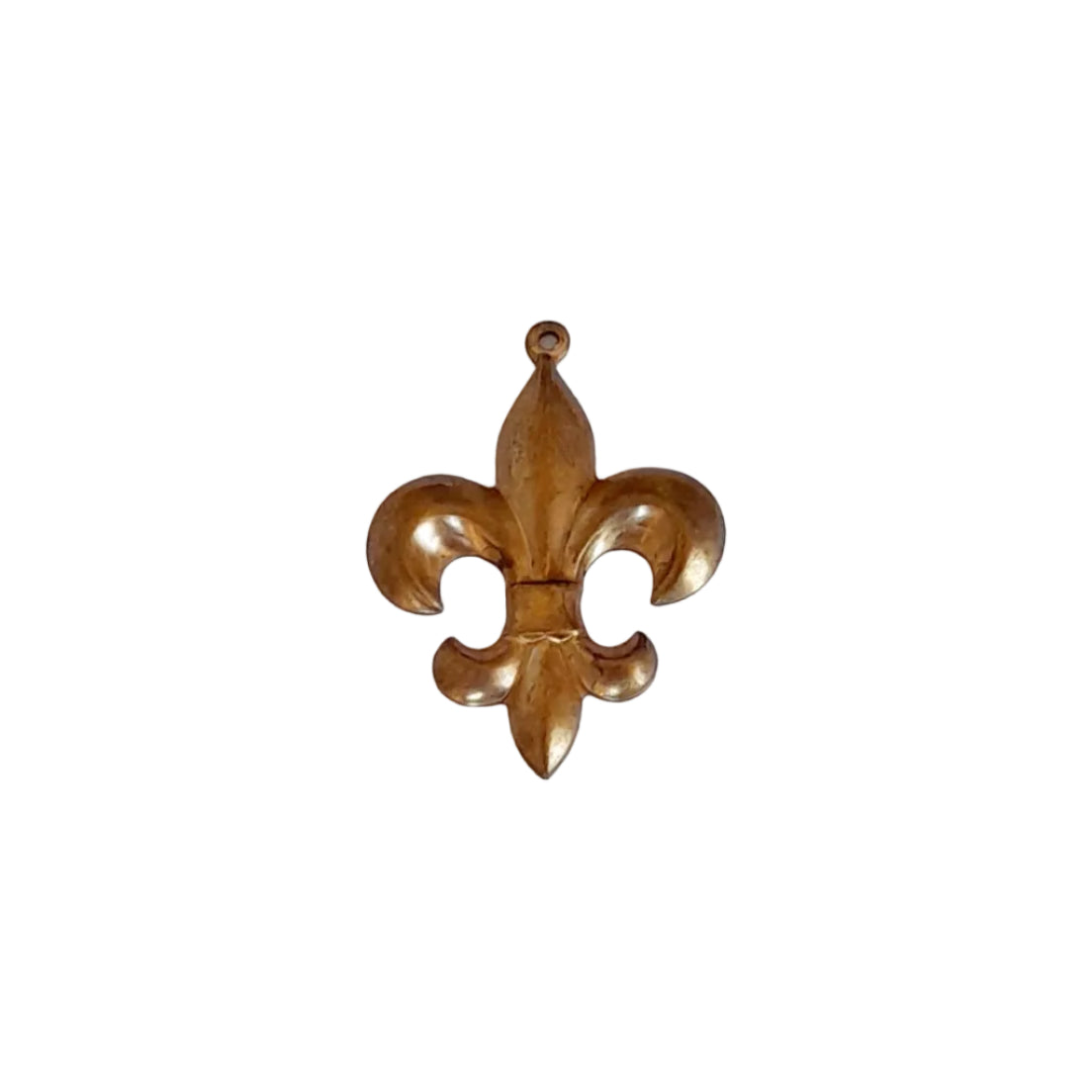 A small gold fleur-de-lis pendant or charm with a hanging loop, brass stamping 27mm