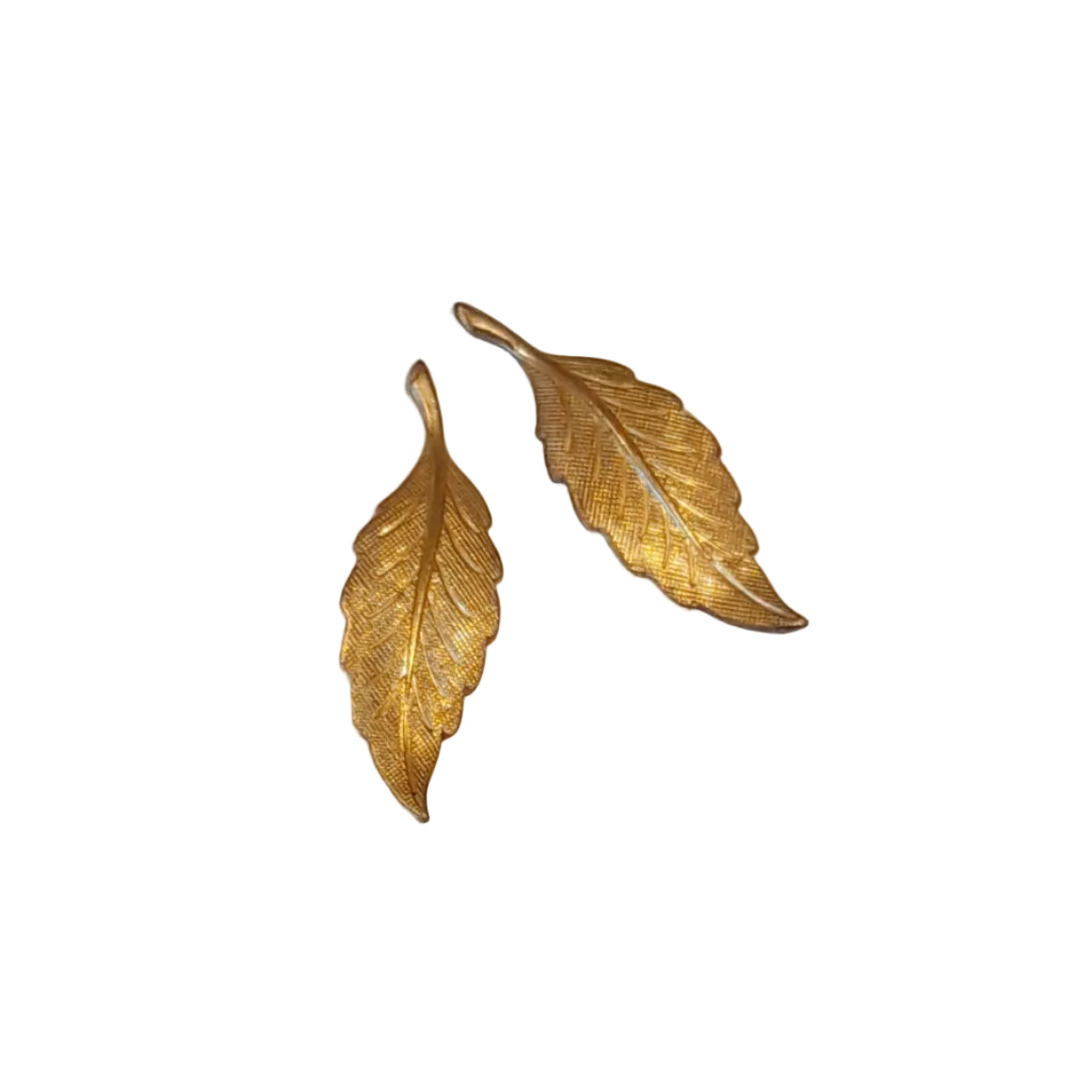 A pair of gold-toned leaf-shaped earrings with textured, ribbed detailing, for jewelelry making and embellishments