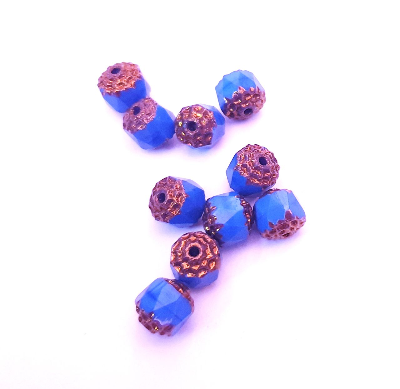 Cathedral Czech Glass Bead Barrel 8mm Opaque Blue Bronze Crown