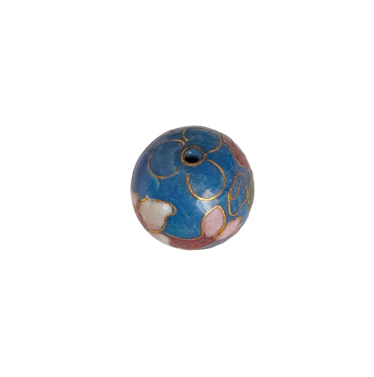 A single decorative round bead with a blue enamel body, gold floral outlines, and pink and white accents, shown on a plain light background.