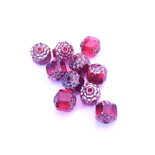 Cathedral Czech Glass Bead Barrel 8mm Transparent Red Silver Crown