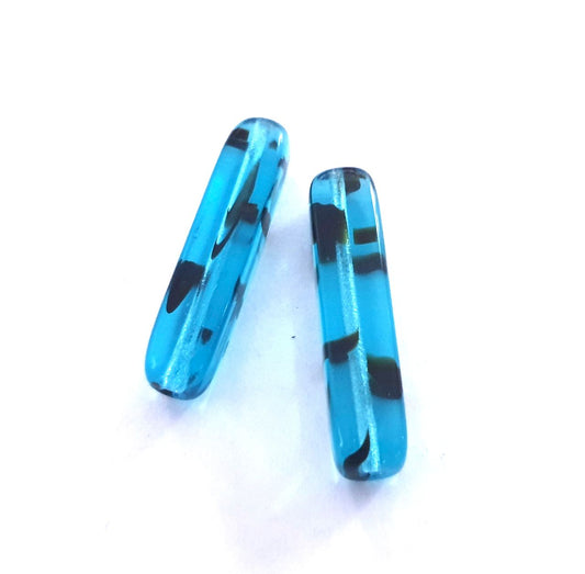 Tube 30x7mm Aqua Animal Print Czech Glass Bead - Pack of 2