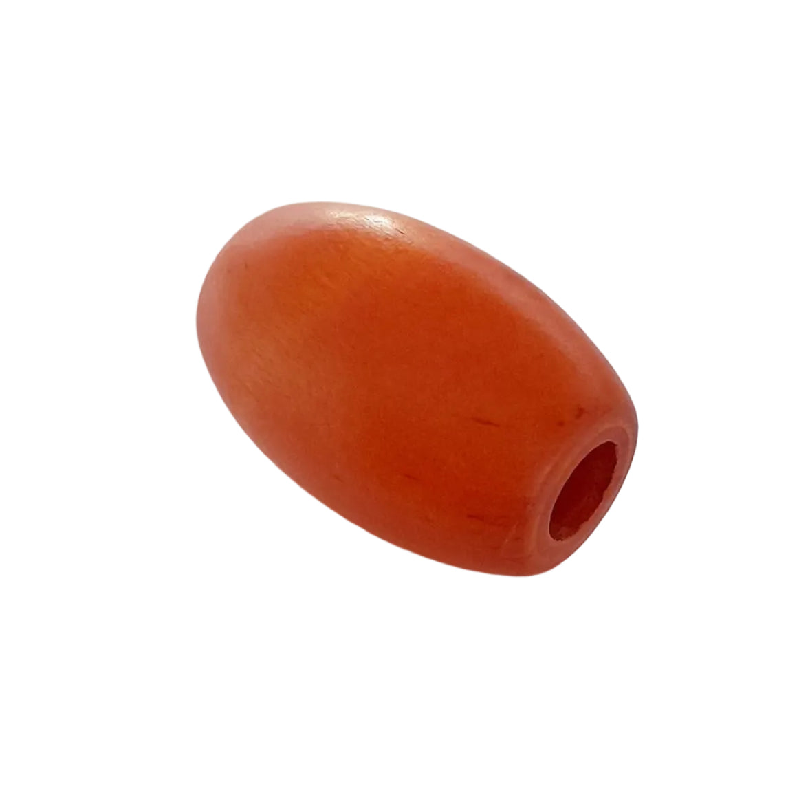 A single smooth, rounded wooden oval orange bead with a central extra large hole, for macrame