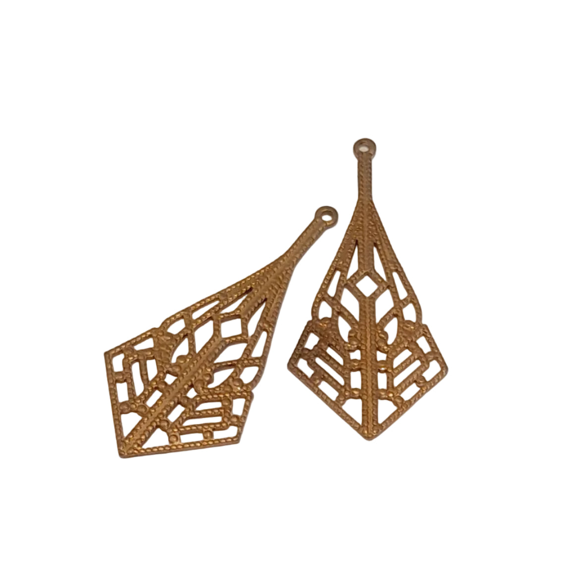 gold-toned metal filigree drops with geometric openwork patterns and small hanging loops