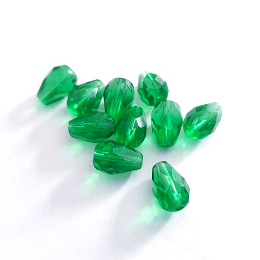 10x7mm Drop Emerald Green Transparent Czech Fire Polished Bead