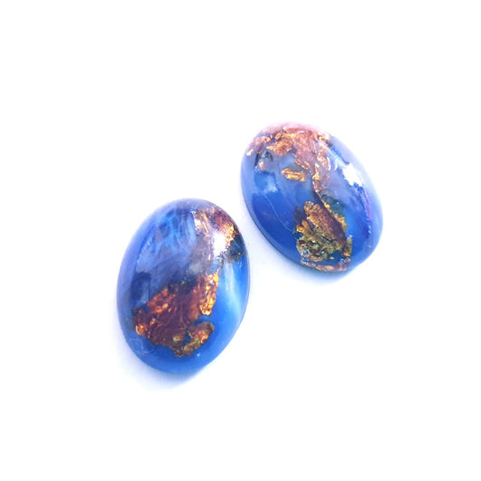 Lampwork Glass Stone Domed Oval 18x13mm Blue Topaz Opaque Foil Mix