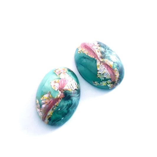 Lampwork Glass Stone Domed Oval 18x13mm Green Pink Opaque Foil Mix