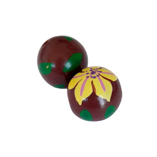 Wooden Painted Bead Floral Design 20mm Chocolate Lemon | Pack of 2