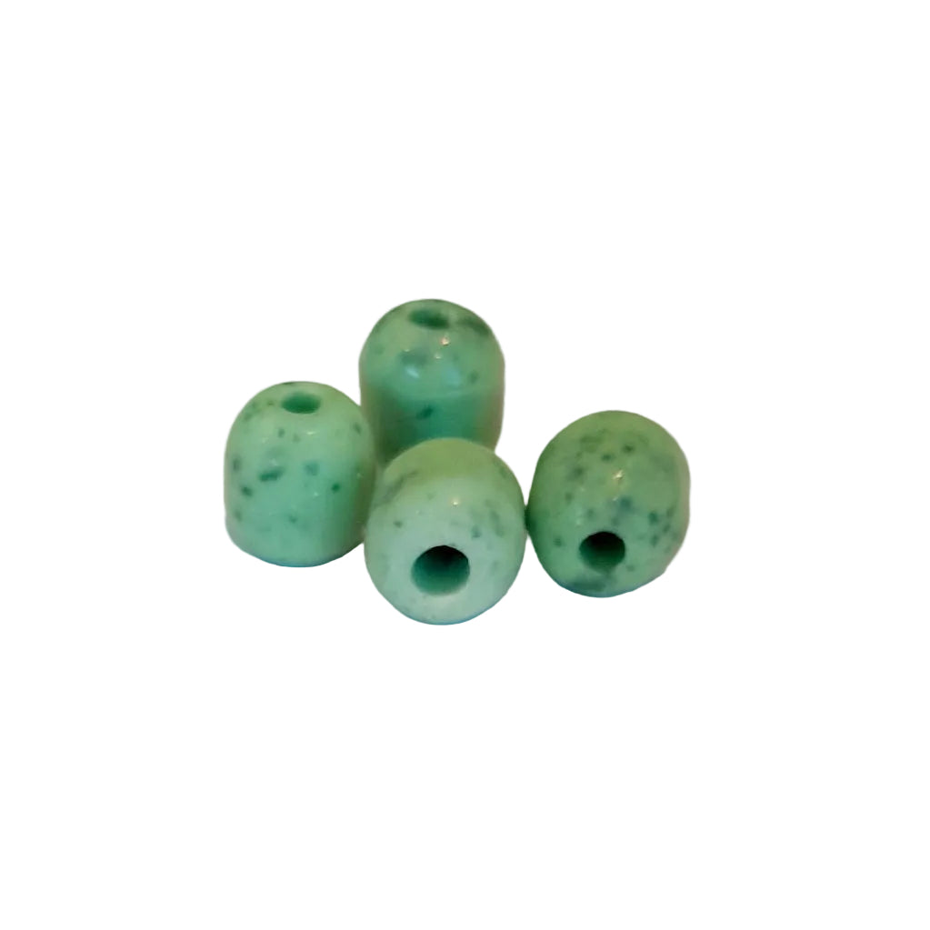 Four small round green beads with dark green speckles,