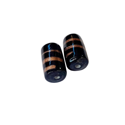 cylindrical black beads with aventurine bands chunky made in india with large hole