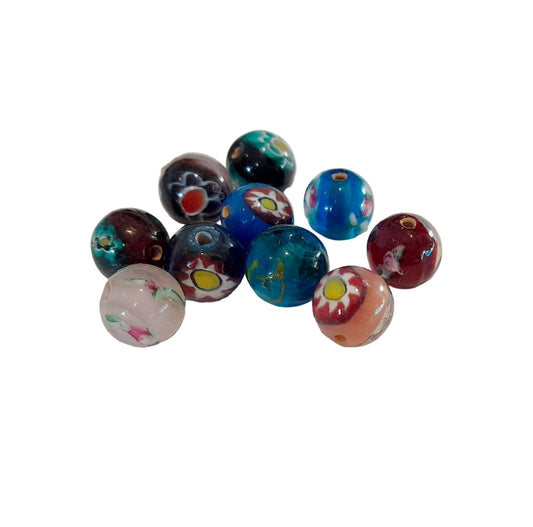 Indian Glass Bead Round Millefiori and Roses Mix 2 Pack | Pack of 10