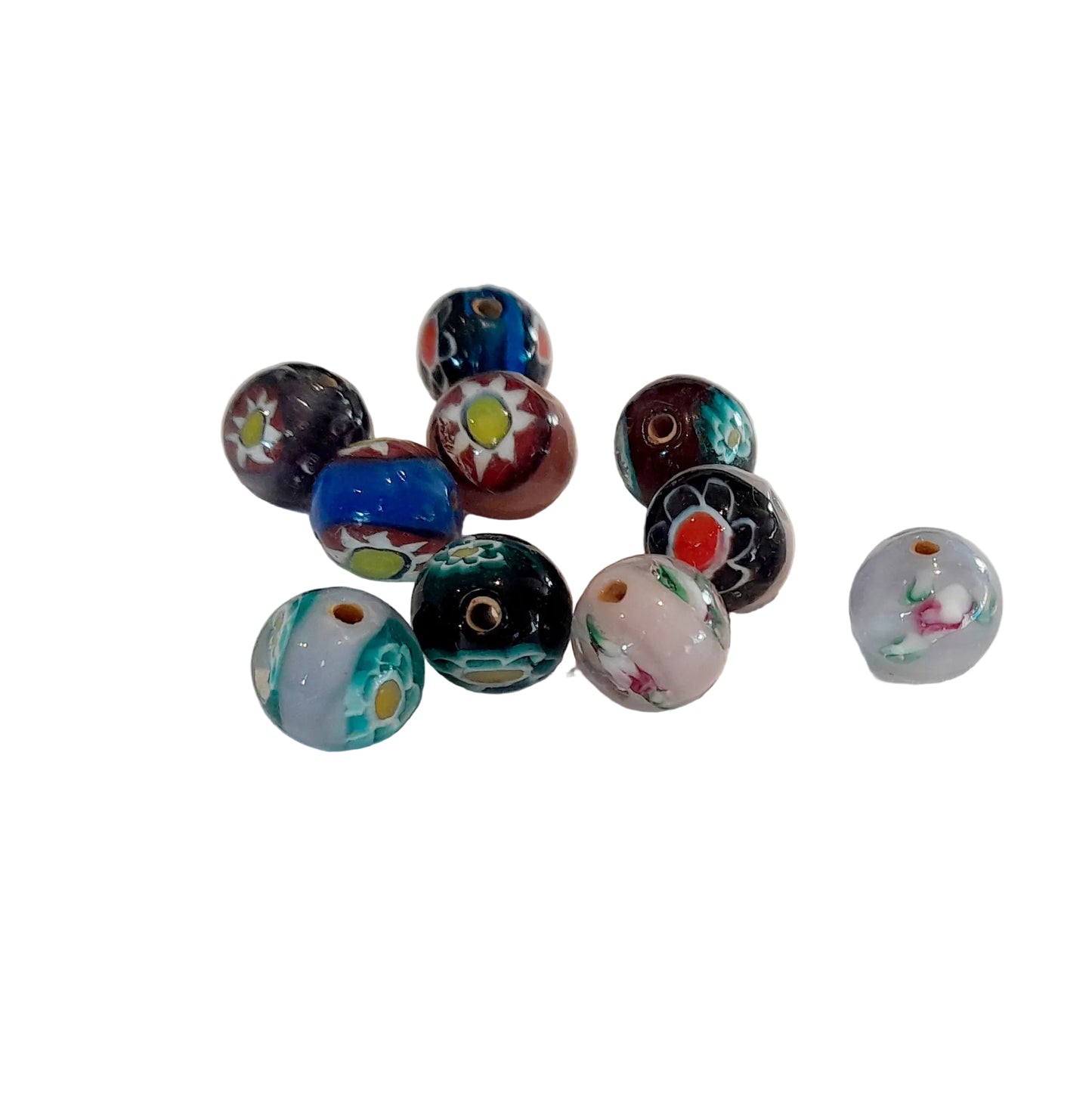 A group of ten colorful glass lampwork beads with various patterns, including floral, geometric, and swirl designs, from india 10mm round