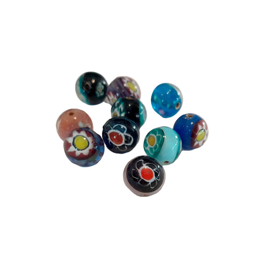 Indian Glass Bead Round Millefiori and Roses Mix 4 Pack | Pack of 10