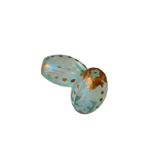 oval indian glass beads with geometric pattern aquamarine and gold