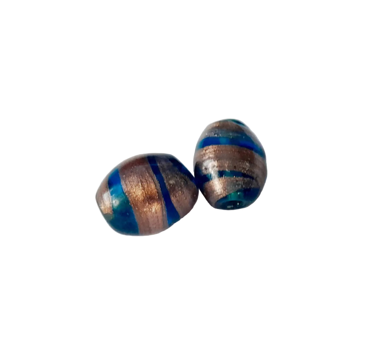 Two handmade glass beads with metallic copper and blue striped patterns, indian