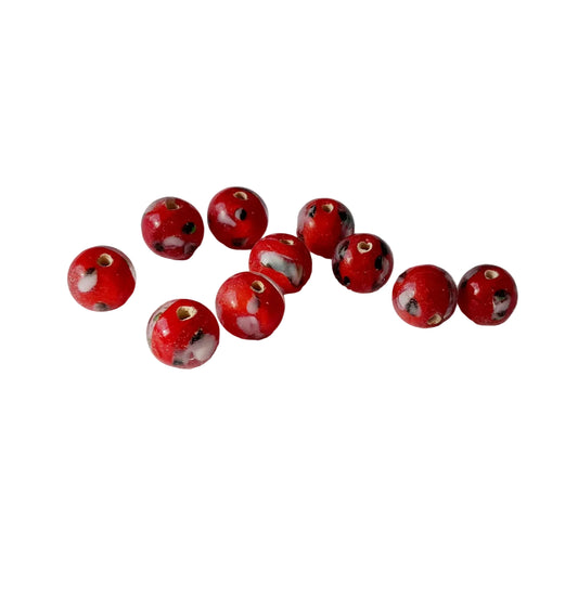 8mm small round red beads with white and black roses indian glass